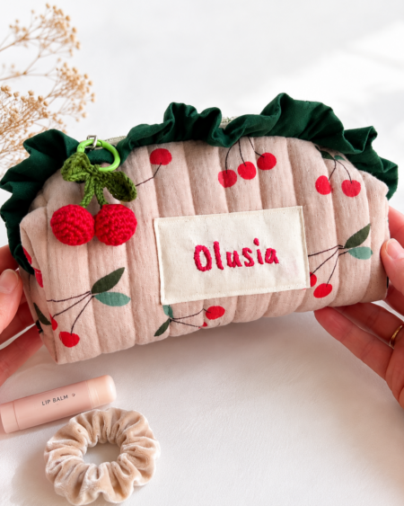 Personalizowana kosmetyczka z imieniem na lato, zawieszka czereśnia